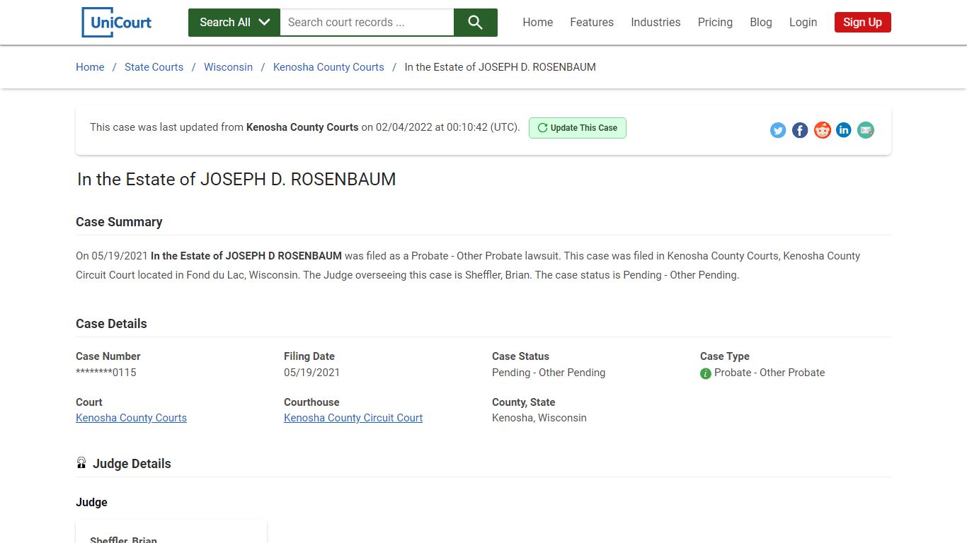 In the Estate of JOSEPH D ROSENBAUM | Court Records - UniCourt